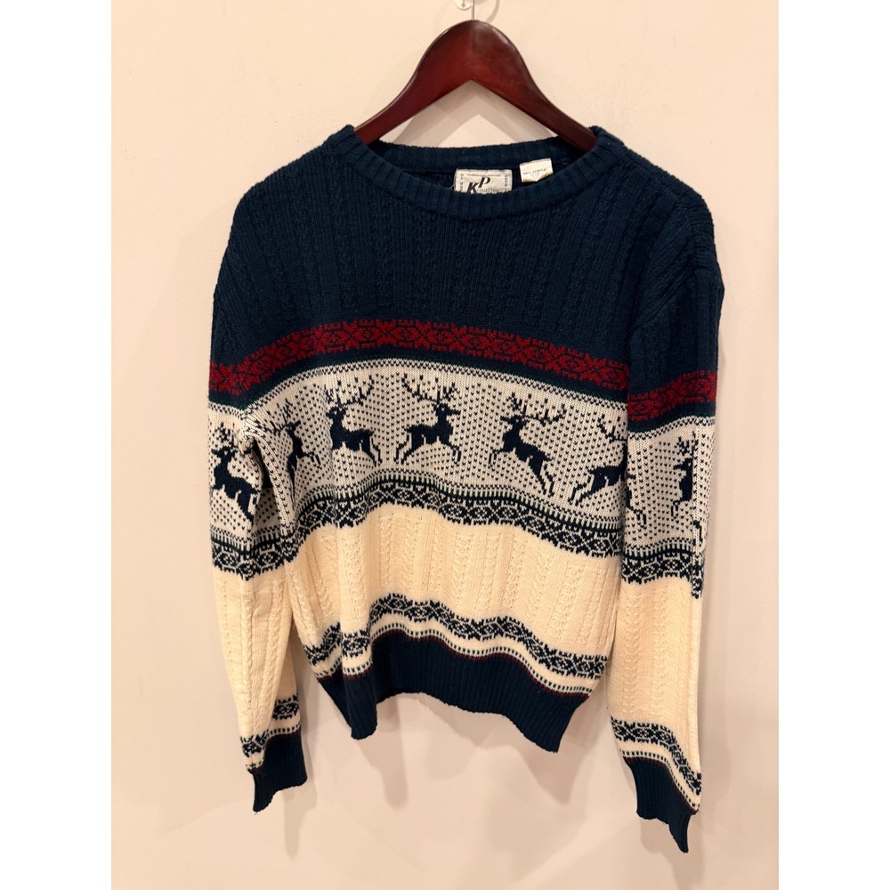 KP Collection Mens Reindeer Fair Isle Knit Sweater Navy Blue Red Cream Vintage